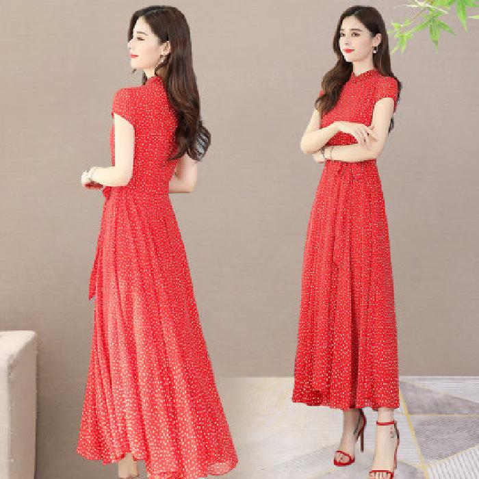 

Summer new women s clothing mother dress temperament swinging short-sleeved long dress ice silk polka dot cheongsam skirt 3XL червоний