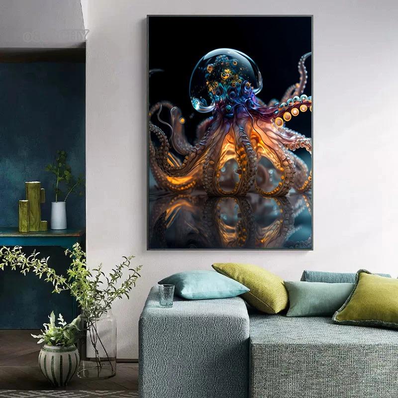 Abstract Octopus Art Canvas Painting Metallic Octopus Posters and Perints Marine Animal Wall Art Pictures for Living Room Decor