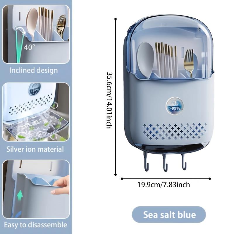 Wall-Mounted Draining Chopstick Holder with Three Compartments Designed with Breathable Holes And Hooks for Cutlery Storage
