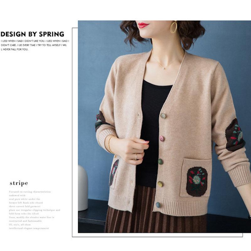 Spring Autumn Women's Knitted Cardigan Sweater Short Loose Thin V-Neck Knit Sweater Long Sleeve Printed Knitted Jacket Outwear