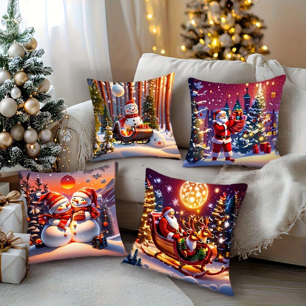 Set of 4 Christmas Pillow Covers Double-Sided Santa Snowman Reindeer Print Square Car Sofa Cushion Covers Holiday Decor for Kitchen Bedroom Party, Opt