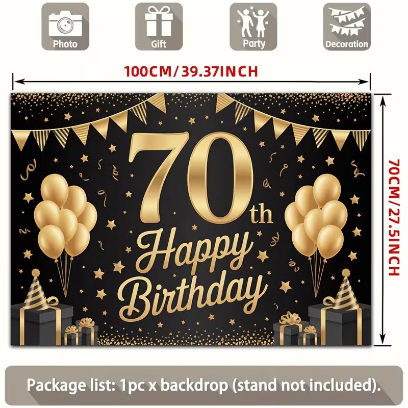 2D 70th Birthday Backdrop Black Gold Stars & Pennant Flags Photography Prop