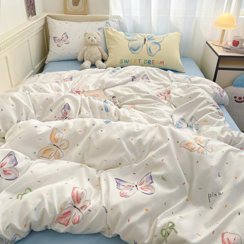 Class A Maternal And Infant Grade, Washed Cotton Cartoon Four-Piece Set, Xiaoxiangfeng Bed Sheet Quilt Cover, Student Dormitory 3Pcs Set