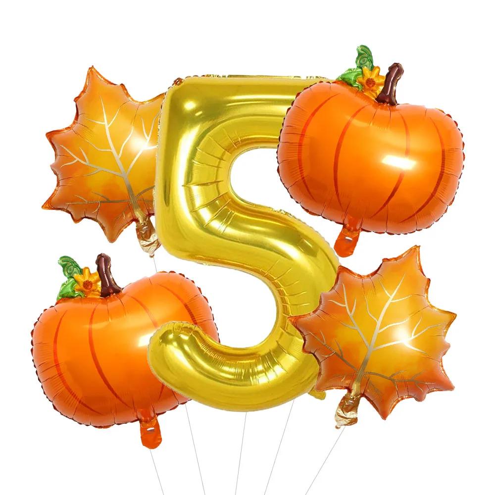 5pcs Autumn Pumpkin Maple Leaves Balloons Set 32inch Gold Number 0-9 Balloon Birthday Decorations Fall Festive Party Supplies