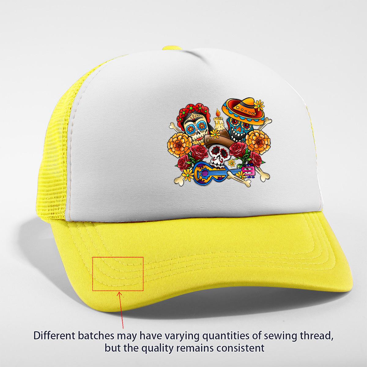 

Day of the Dead Skull Print Trucker Hat Breathable Mesh Snapback Adjustable Baseball Cap Casual Pink One Size