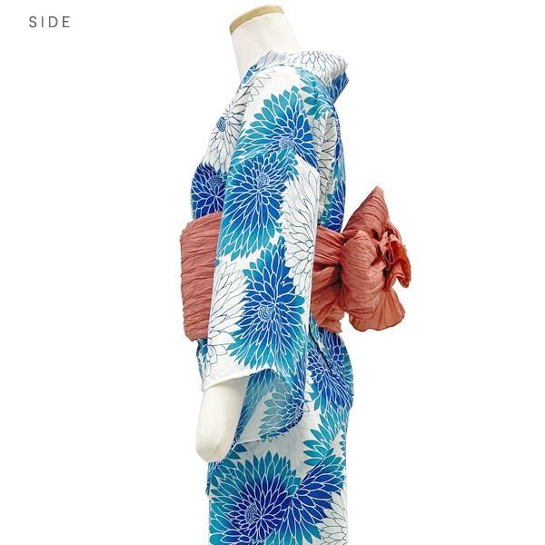 Kyoto Kimono Yuzen Yukata and Obi Set Blue Chrysanthemum Floral Print Retro Modern Yukata (2 Pieces)