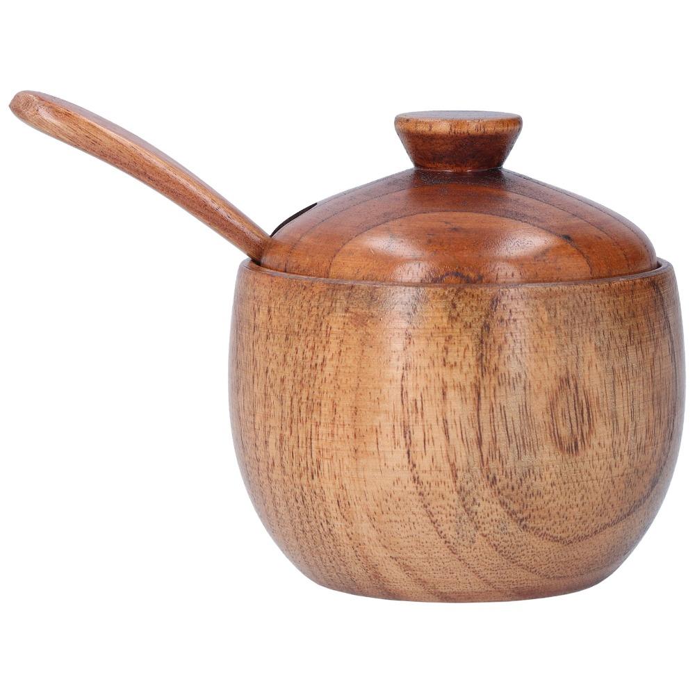 Houten kruidenpotje met deksel en lepel Zoutvaatje Keukengerei Zoutdoos Keuken Thuis