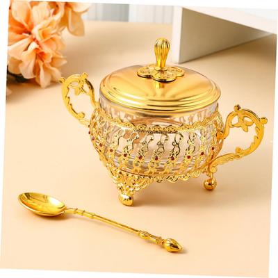 Sugar Bowl with Lid and Spoon Gold Glass Seasoning Spice Jar Candy Jar Set for Kitchen Coffee Bar Wedding Party