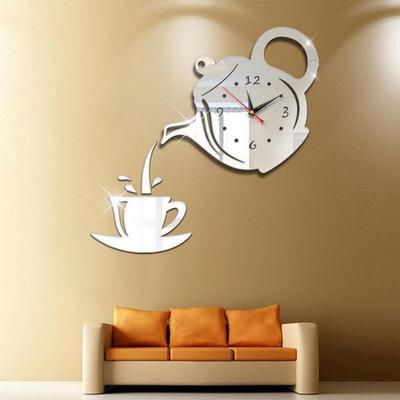3D Wall Clock Acrylic Mirror Coffee Teapot Wall Clock Sticker Modern Style Frameless Clock Home Office Hotel Decoration