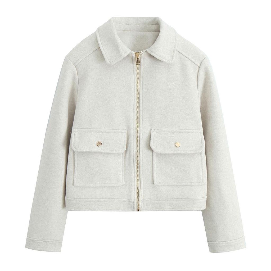 TAOP&ZA Early Spring Soft Jacket with Zipper Detail and Turn-Down Collar, Long Sleeve, Short Outerwear