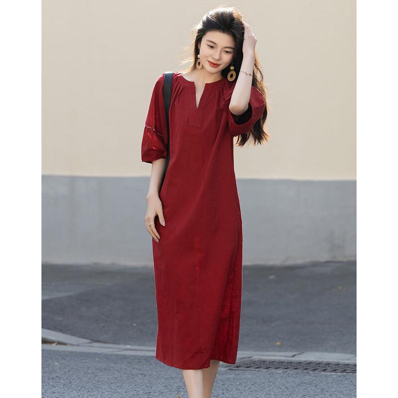 Demana Summer Petite Linen Blend Round Neck Straight Dress