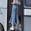 Cotton Blend Midlength Pencil Skirt With Zipper And Ruffle For College Girls