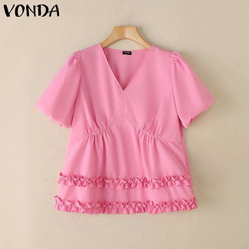 VONDA Women V Neck Short Sleeve Slim Waist Ruffled Casual Blouse