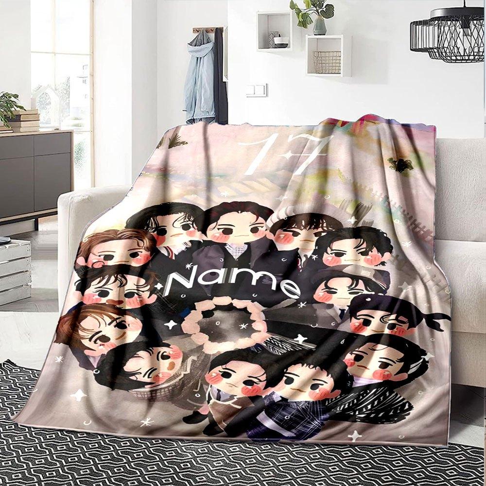 17 Members In Chibi Style Lightweight Customizable Blanket Personalized Text Soft Warm Cozy Versatile For Sofa Couch Office Bed Picnics Four Seasons