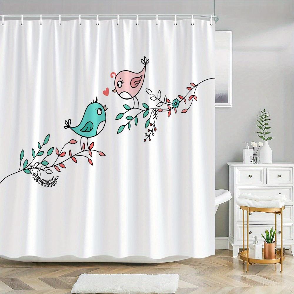

Cute Cartoon Birds Shower Curtain - Teal Pink Intertwined Branches & Hearts, Minimalist Polyester,Machine Washable, All-Season W60H190(CM)-1 Pcs