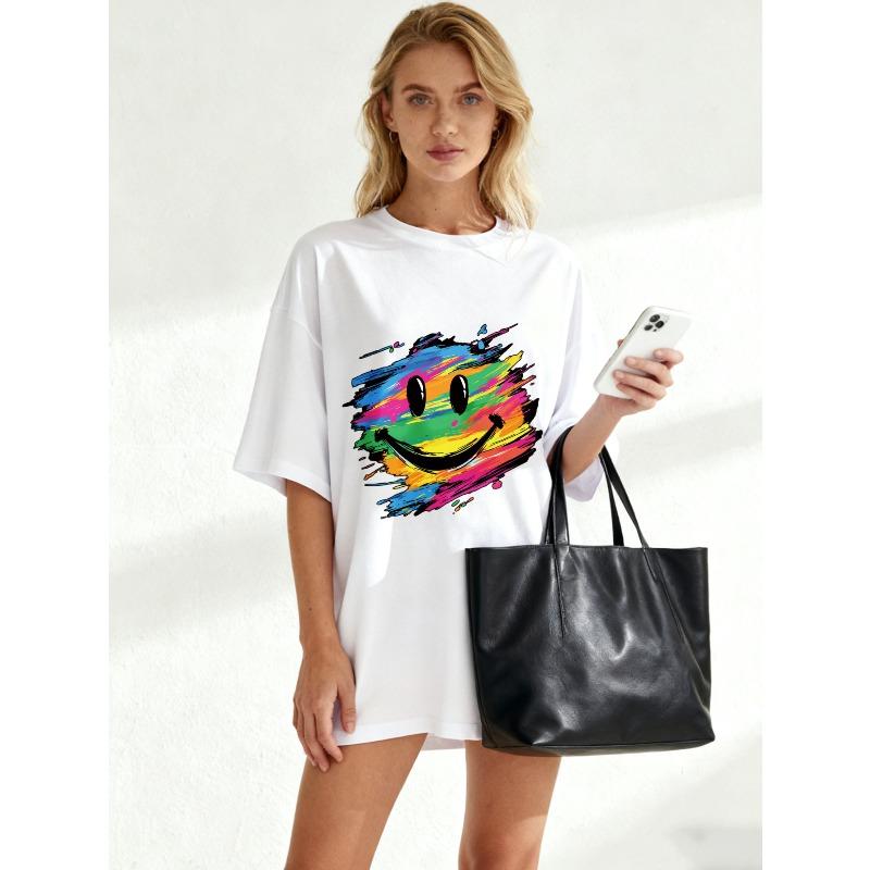 Oversized T Shirt Black Rainbow Smile Face Print Casual Wear For Women Summer Streetwear Fashion Top
