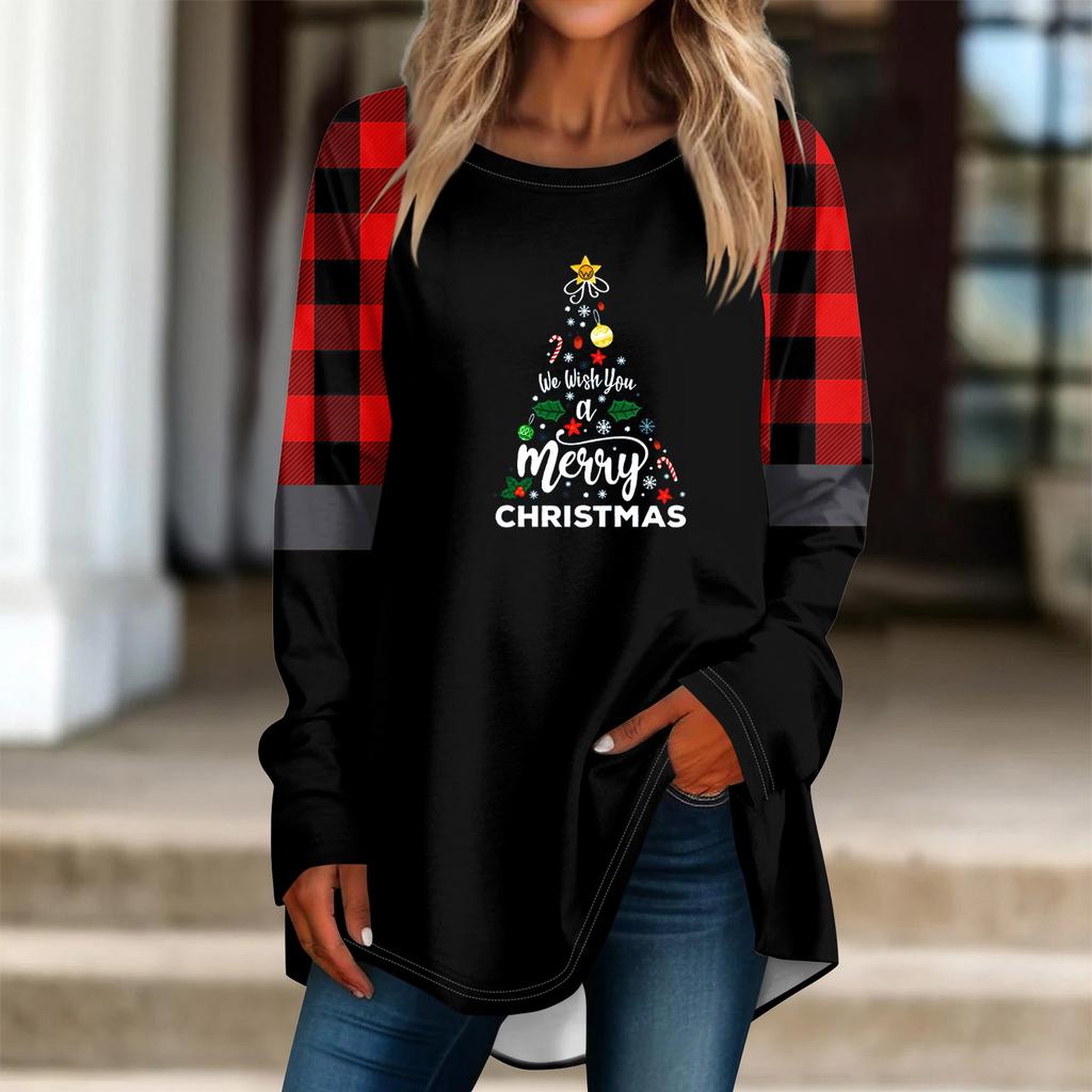 Fashionable Women's Loose Round Neck Christmas Small Print Long-sleeved T-shirt Top Pullover
