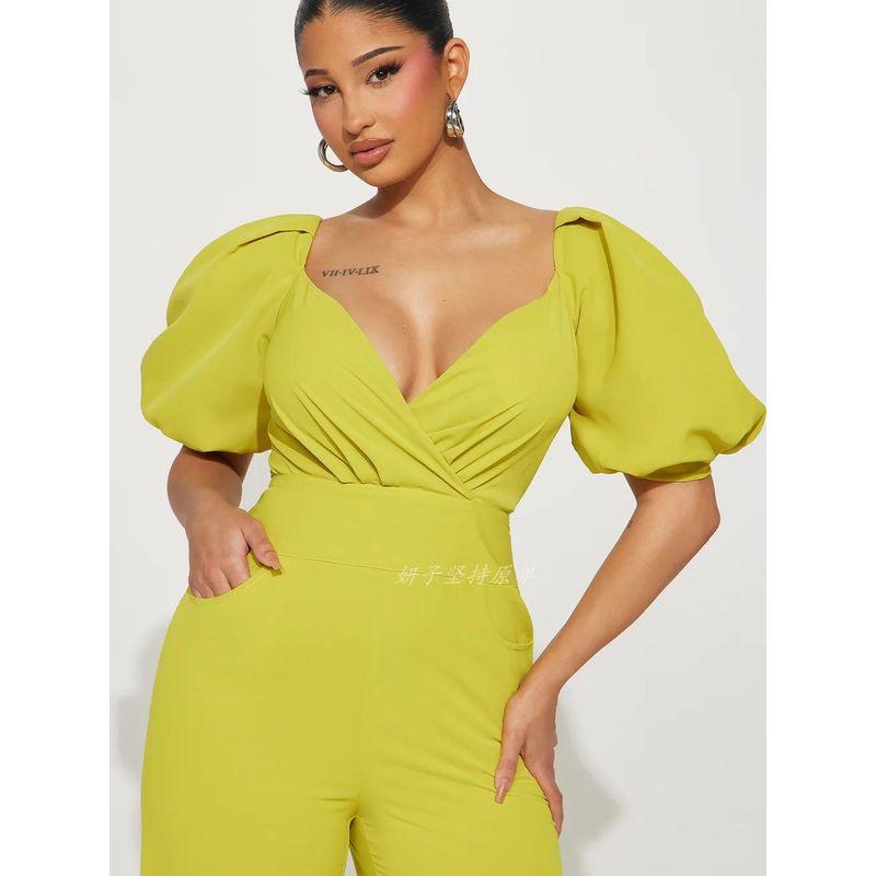 Laomei Single FN Yellow Puff Sleeves Square-Cut Collar High Waist Loose Pants Bell-Bottom Pants Pants
