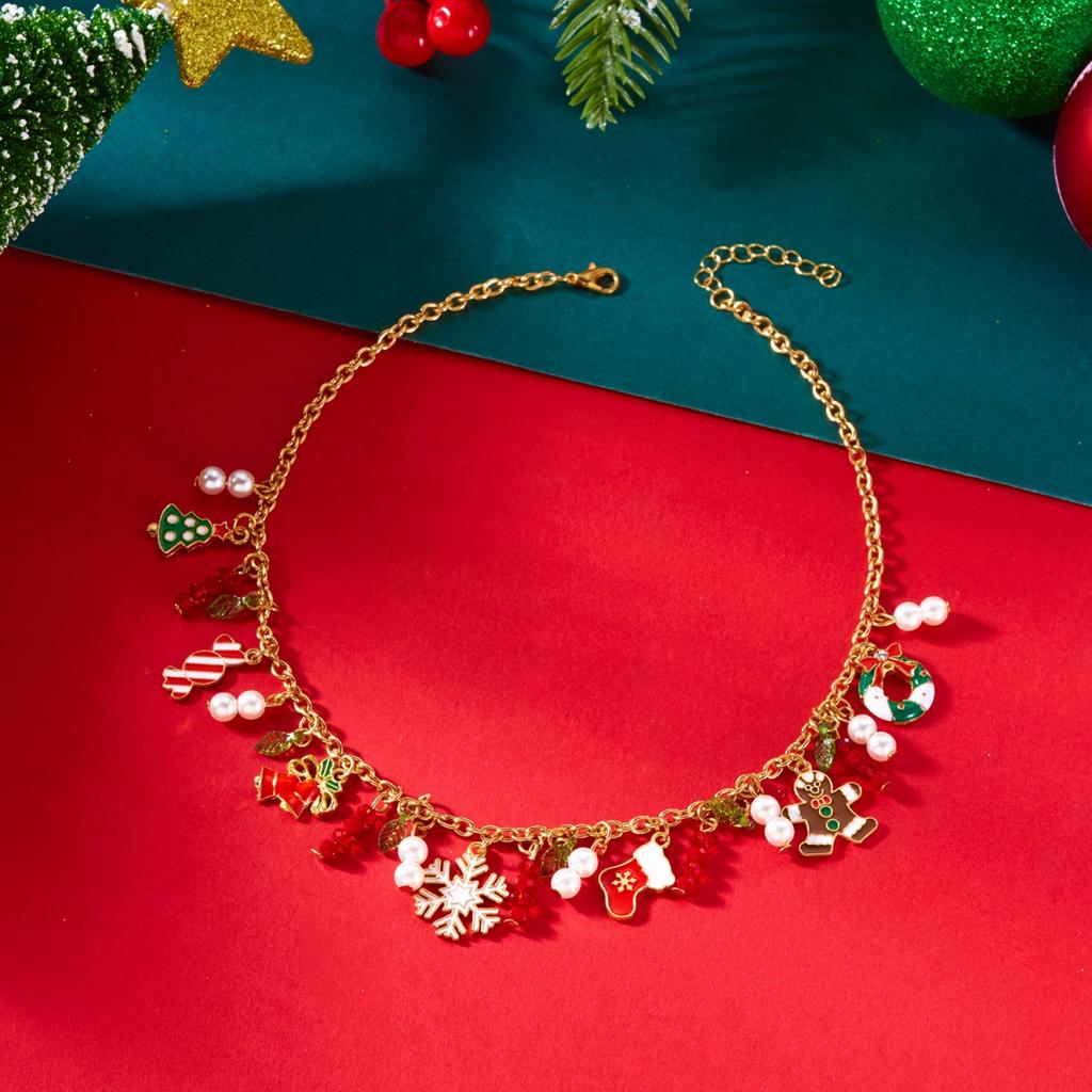 Christmas Snowflake Gingerbread Tree Pendant Necklace Snowman Reindeer Bell Soft Clay Crystal Beads Fringe Choker For Women Men
