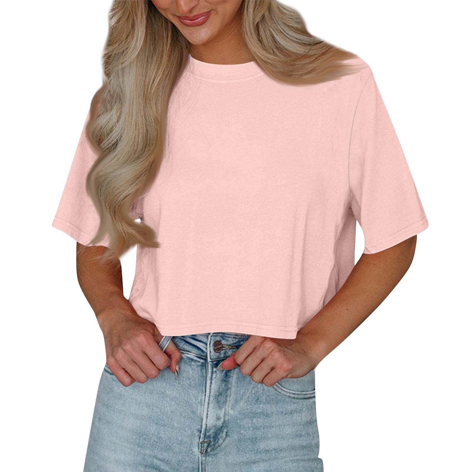 

Женская новая летняя рубашка с коротким рукавом и круглым вырезом, однотонная, свободная, укороченная, сексуальный пуловер, футболка, куртка S розовый