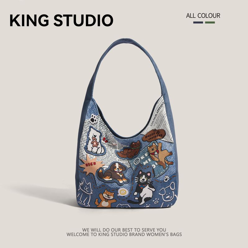

Original Cute Puppy Canvas Bag Female 2025 New Arrival Large Capacity Shoulder Bag Student Class Commuter Tote Blue