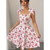 Small Sweet Fashion Floral Print off-Neck Open Back Elastic Waistband Lace-up Sleeveless A- line Sling Dress Skirt