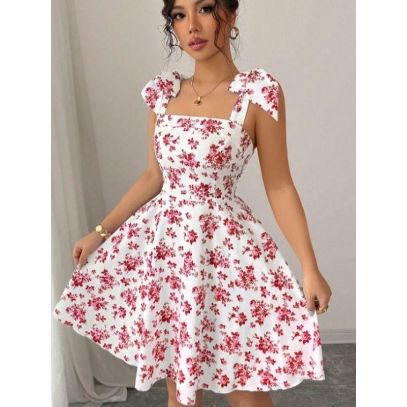 Small Sweet Fashion Floral Print off-Neck Open Back Elastic Waistband Lace-up Sleeveless A- line Sling Dress Skirt
