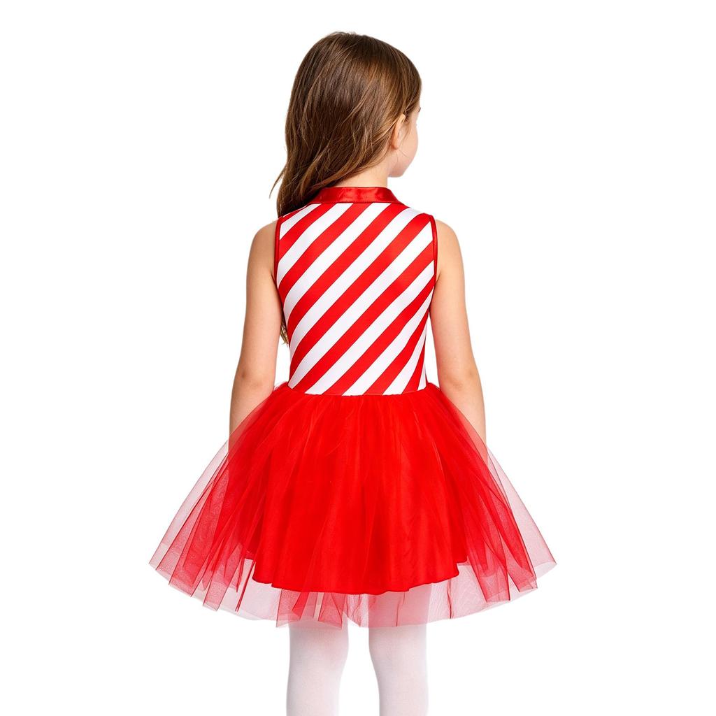 Kids Girls Christmas Costume Tulle Tutu Dress Candy Stripe Sleeveless Metallic Collar for Stage Performance Theme Party Holiday