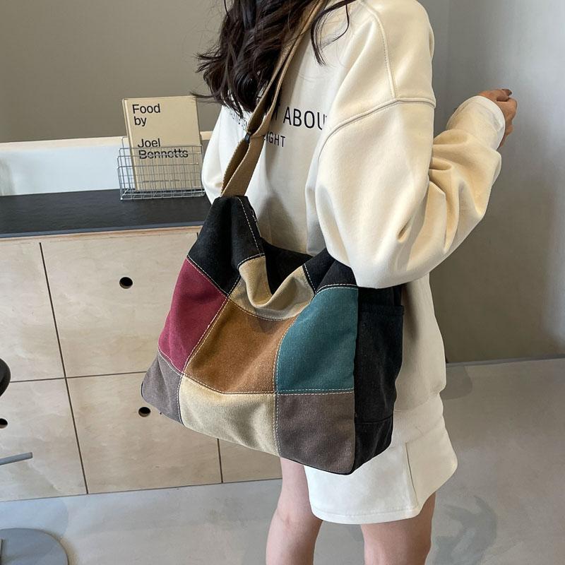 Large Capacity Stitching Contrast Canvas Bag Women's Crossbody Bag Student Class Commuter Bag