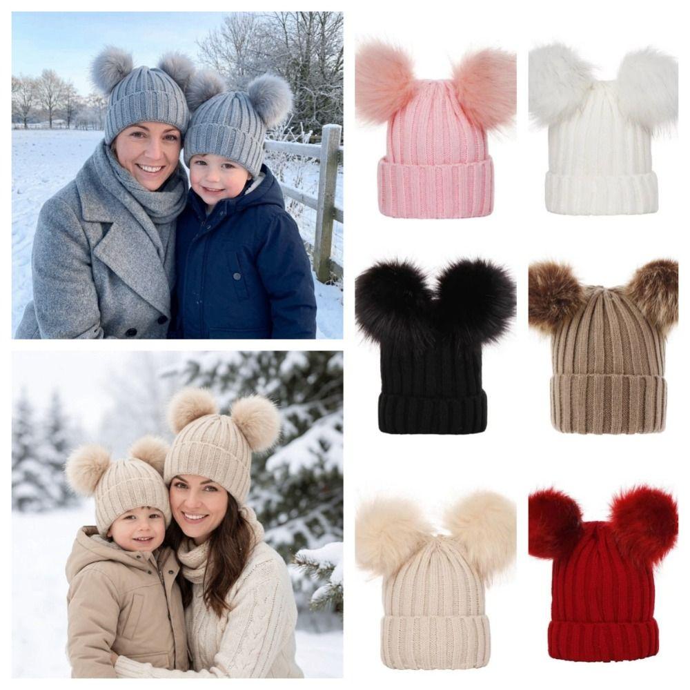 Faux Fur Ball Infant Beanie Plush Mother Kids Pullover Cap Soft Baby Knitted Hat Boys