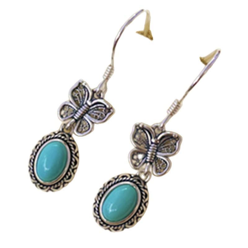 S925 Sterling Silver Natural Turquoise Retro Butterfly Earrings
