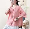 Women's Round Neck Three Quarter Sleeve Blouse Loose Fit Chinese Style Embroidered Linen Shirt Thin Tencel Casual Top