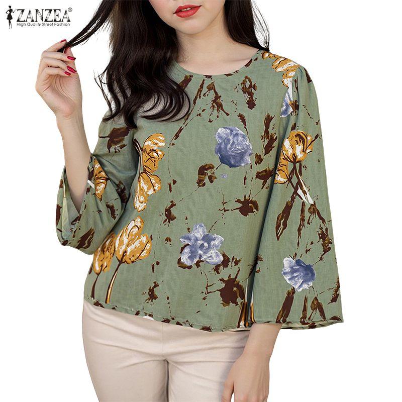ZANZEA Women Casual Round Neck Summer 3/4 Sleeve Print Blouse
