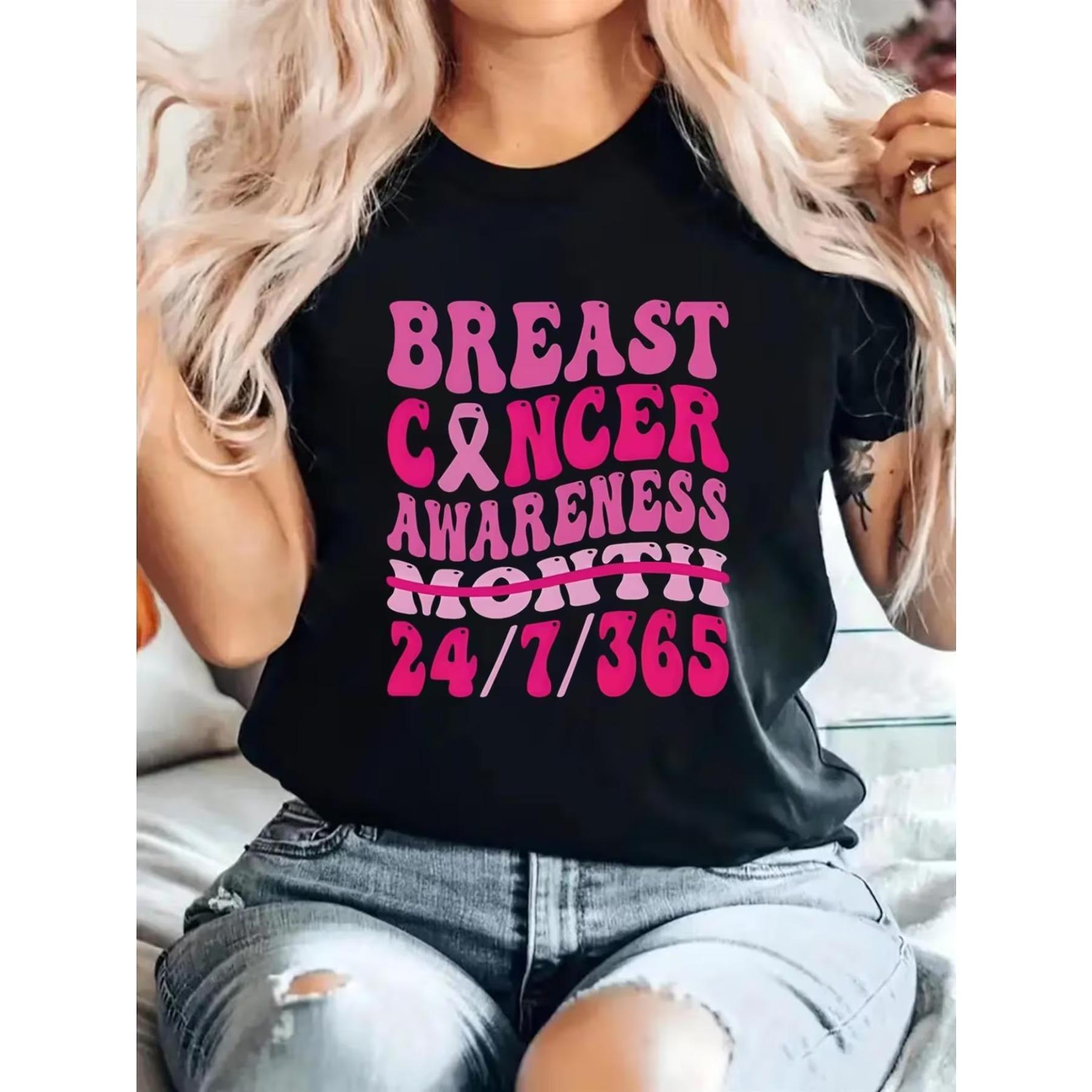 

Pink Lettering on Black Casual Crew Neck T-Shirt for Breast Cancer Awareness Month - Soft Fabric, Short Sleeves, Round Neck, Spring/Summer XXL чорний