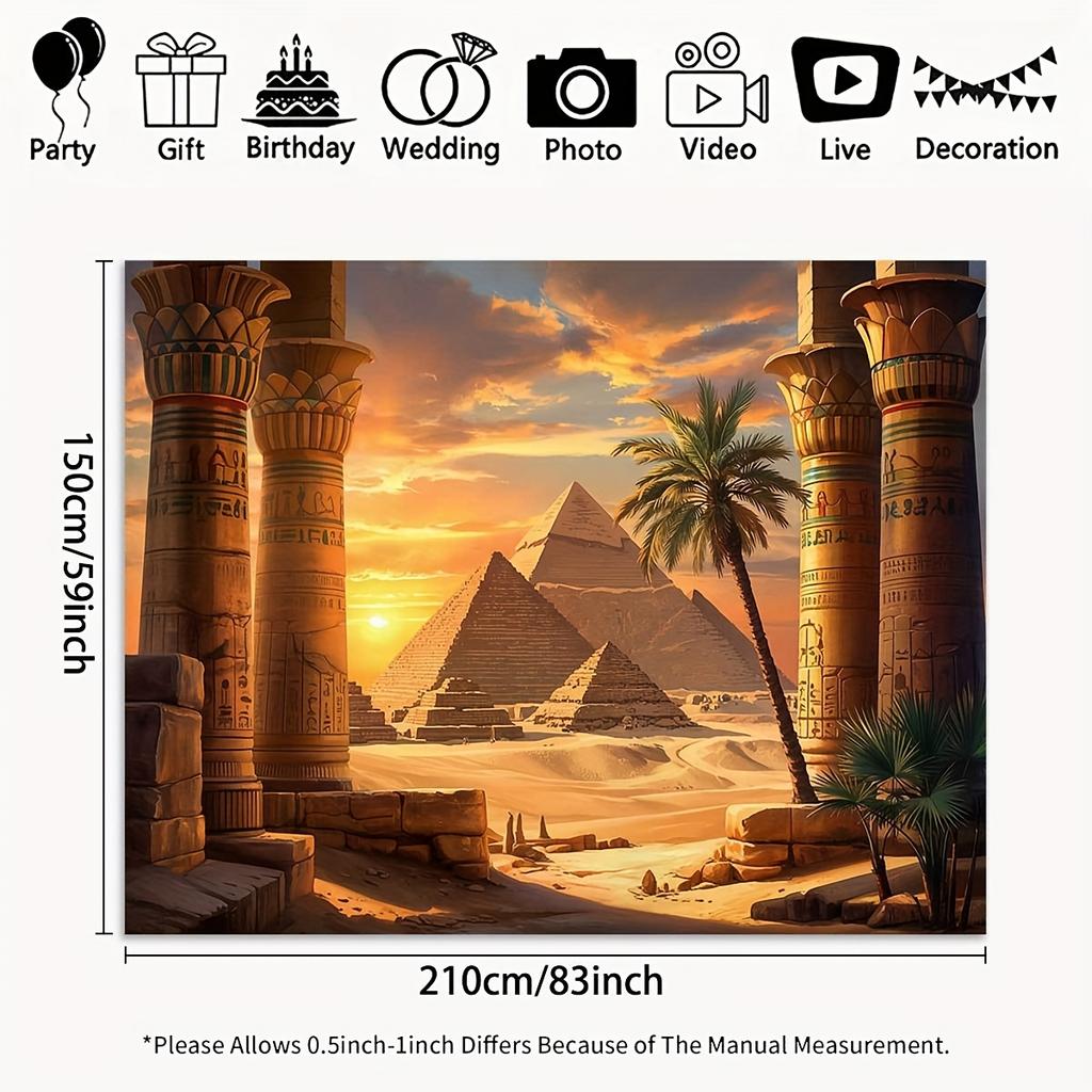 2D Flaches Hintergrundbanner - Antike Ägyptische Säulen Wüstenpyramide Sonnenuntergangsszene, Partydekoration