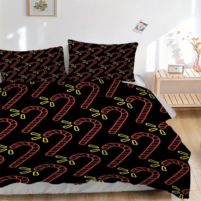 3Pcs Candy Cane Pattern Printed Bedding Set, Breathable And Soft, Machine Washable, Christmas Gift, Suitable for Bedroom Decoration, 15142
