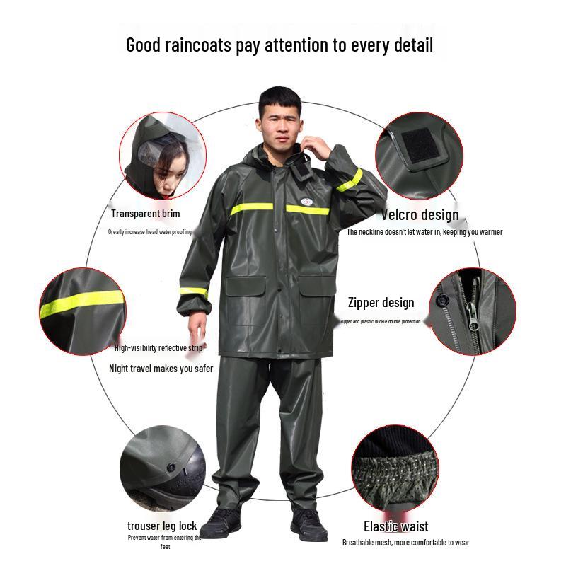 Men's Waterproof Reflective Raincoat & Pants Set, Thickened Ox Tendon, Lightweight & Breathable for Motorcycle Riding & Hiking
