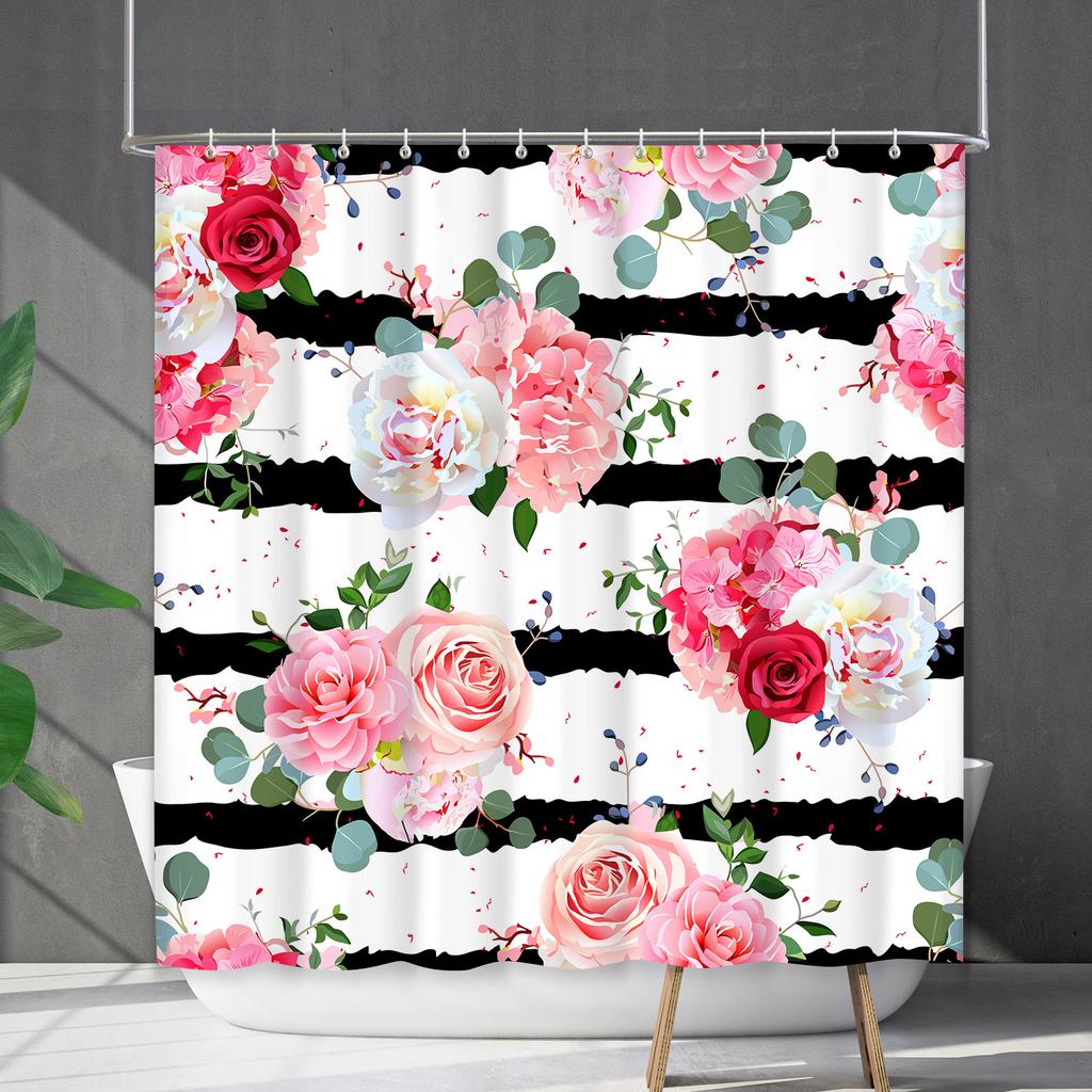 Shower Curtain Waterproof and Mildew-proof Digital Printing Horizontal Strip Plant Flower Printing Shower Curtain Partition Curtain Free Punching