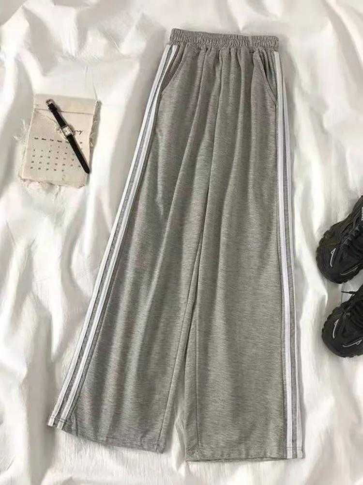 

4Xl корейские женские полосатые спортивные брюки большого размера с высокой талией в стиле Харадзюку, серые брюки, модные свободные женские повседневные широкие брюки M серый