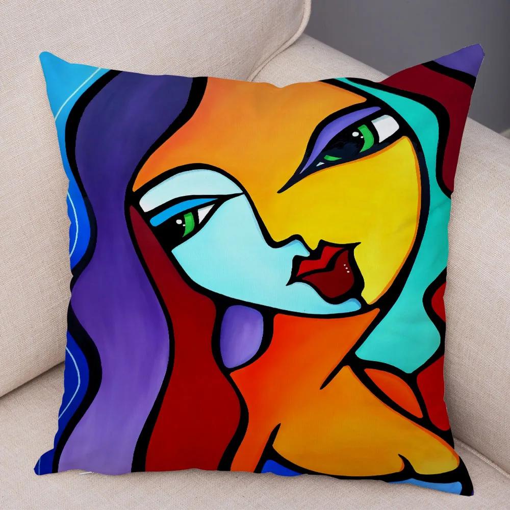 Abstract Painting Cushion Cover Decoration Nordic Style Colorful Cartoon Girl Pillowcase Sofa Home