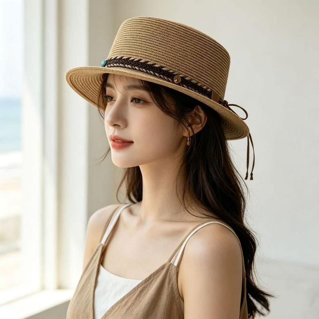Bohemian Flat Top Straw Hat Women's Summer Outing Beach Hat Retro Webbing Face Small Sunshade Hat