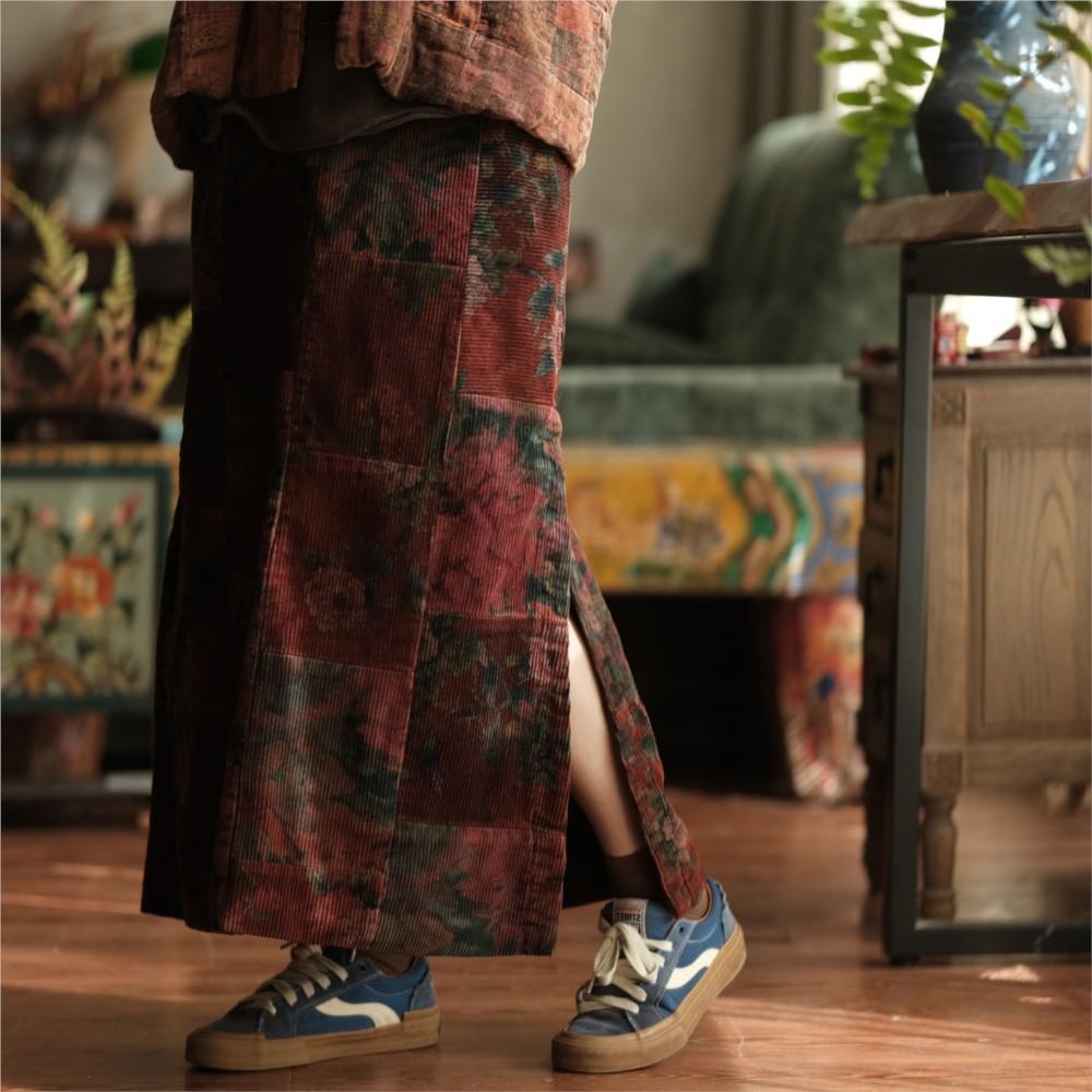 Johnature Women Vintage Patchwork Corduroy Skirts Red Floral Elastic Waist Winter A-Line Chinese Style Skirts