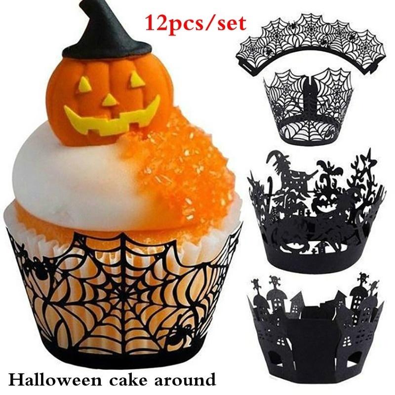 

12 шт./набор бумажных стаканчиков для Хэллоуина с изображением паутины, тыквы, замка ужасов, обертка для торта 5