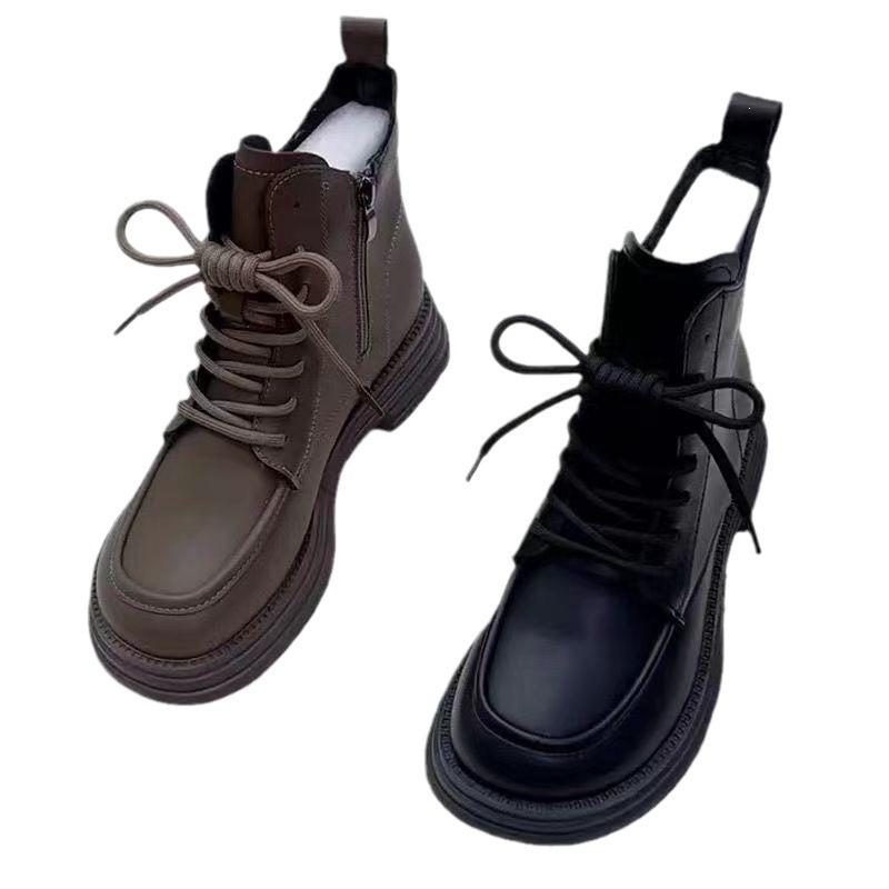 Retro British Martin Boots Women's Autumn and Winter New Thick-soled Lace-up Velvet Thermal Short Boots