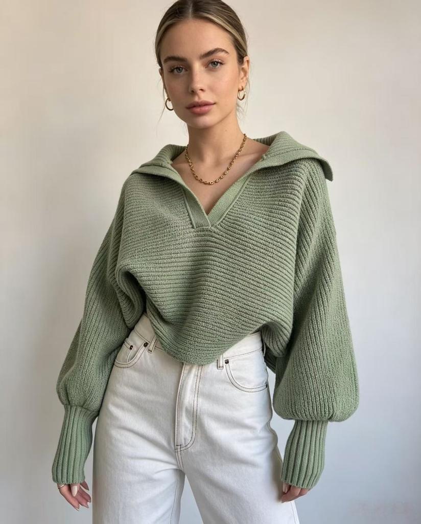 Popular 2026 European and American Foreign Trade Autumn and Winter New Knitted Sweater Knitted Sweater Lapel Pullover Women's Top