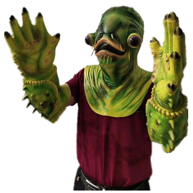 Halloweenská strašidelná maska zelené ryby s drápy pro cosplay a kostýmové večírky