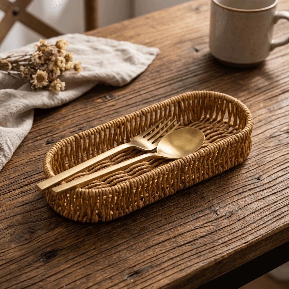 Oval Shape Tableware Storage Basket Retro Desk Shelf Baskets Faux Wicker Tray Dining Room