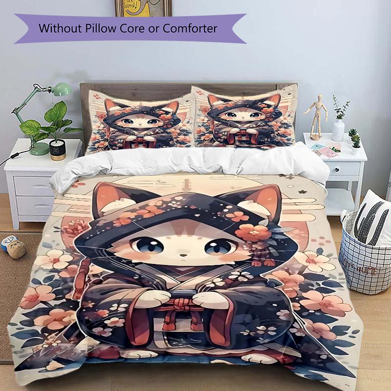 3pcs Cute Cat Character Quilt Cover Set, Soft and Cozy Bedroom 135x200cm