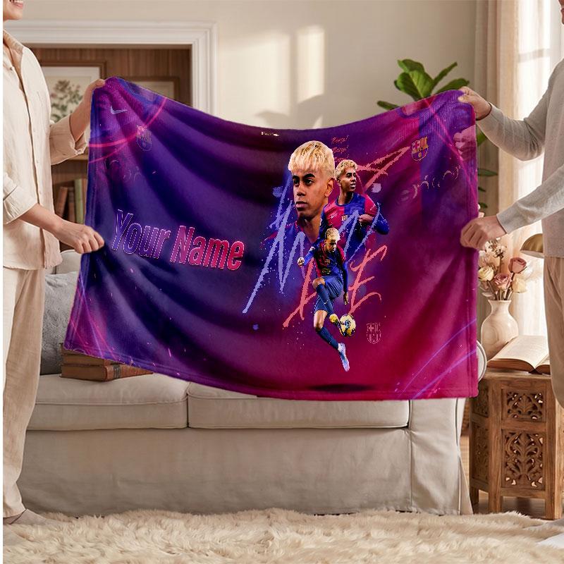 Coperta in pile personalizzata Lamine Yamal con logo del calcio, testo con nome personalizzato, morbida, calda, coperta da divano per la casa