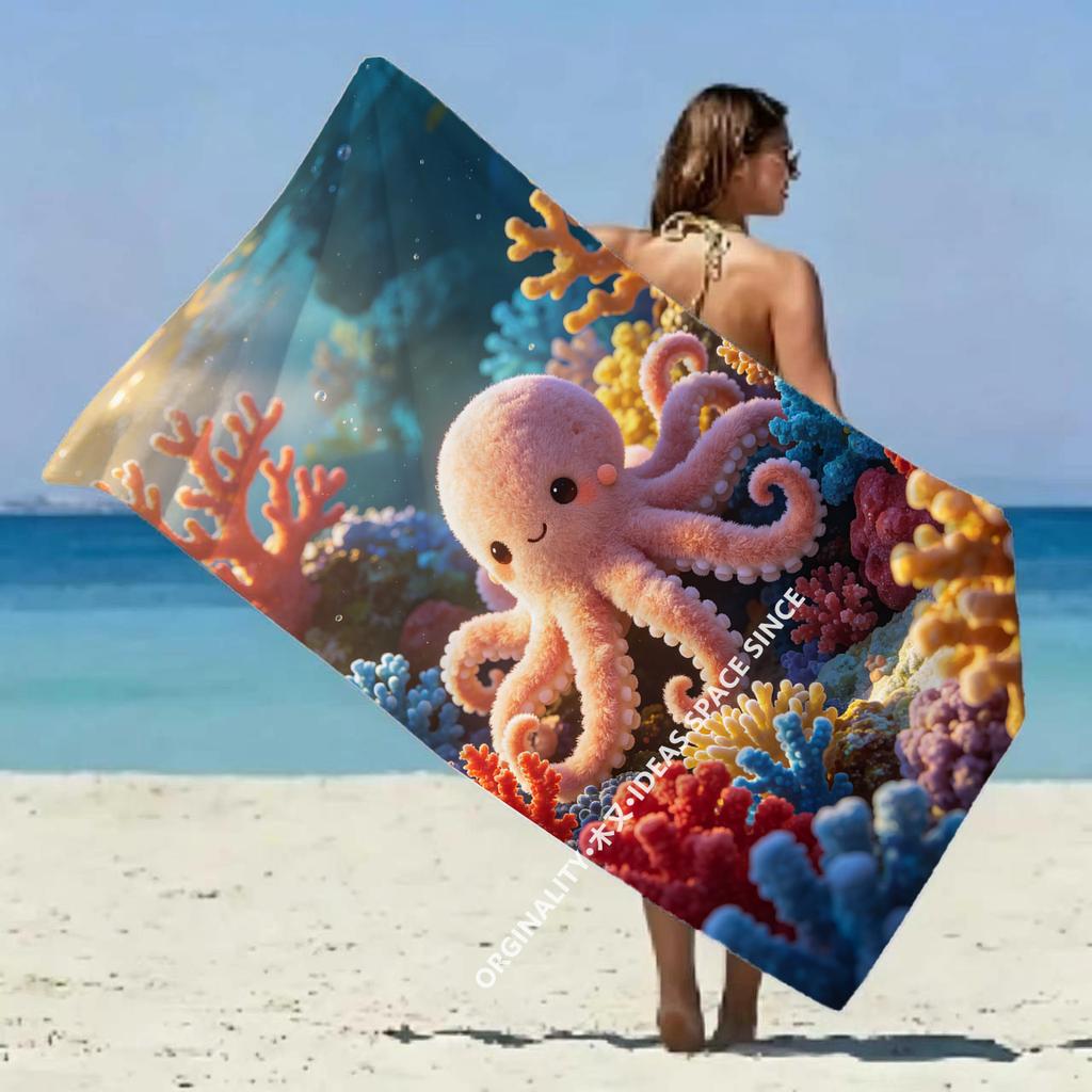 Niedliche Oktopus Koralle Strandtuch Gemustert Sonnenschutz und Winddicht Geeignet für Schwimmbad Camping Reisen